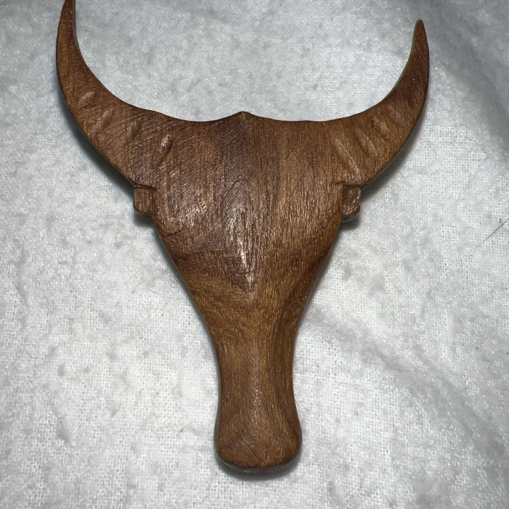 Vintage Hand Carved Wood Bull Steer Head Napkin Rings Western Set of 9 Brown